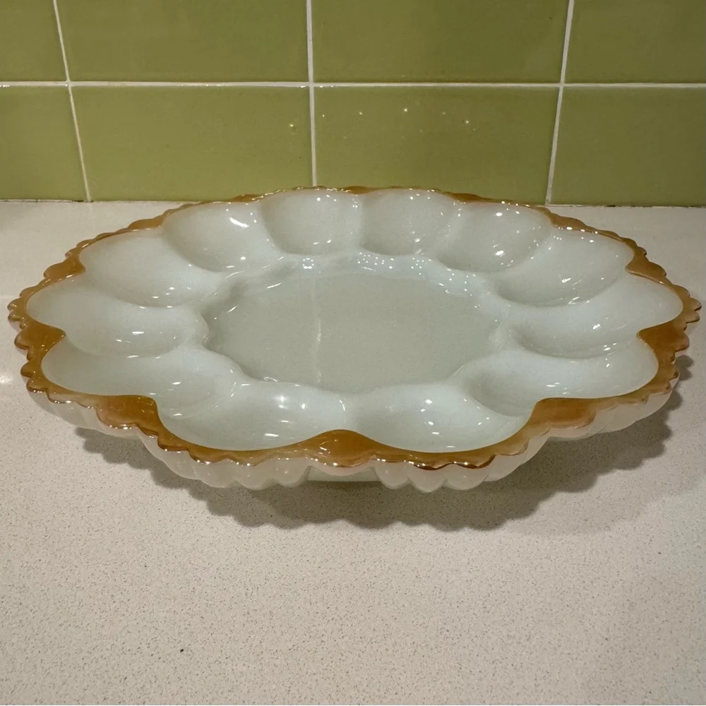 Anchor Hocking Fire-King Milk Glass Deviled Egg Serving Plate with Gold Trim - Picture 5 of 5